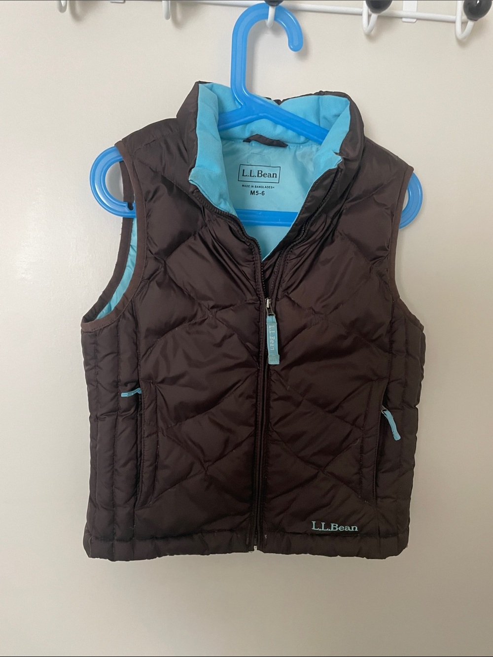 L.L. Bean Kids Brown Down Vest with Light Blue Trim